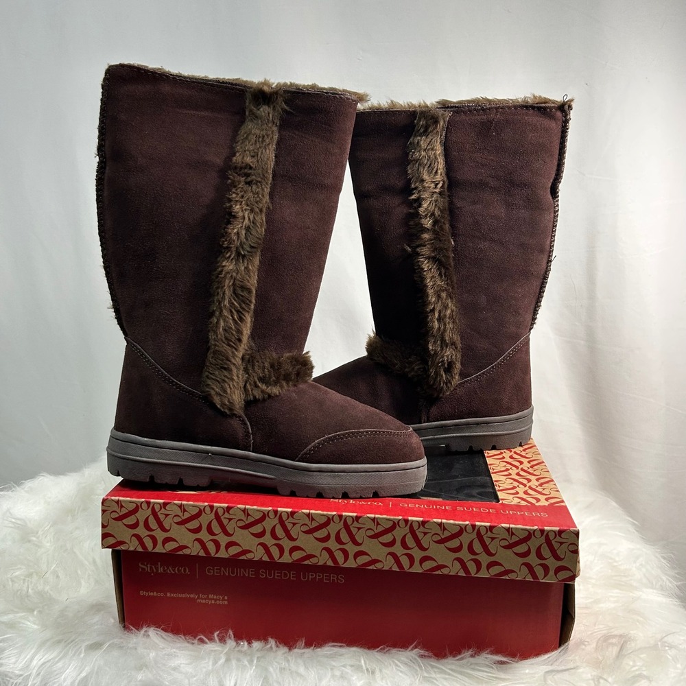 Style & Co Womens‎ Brown Suede Faux Fur Lined Tall Boots Size 8M
